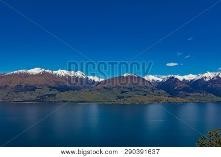 Aerial drone view of north side of Lake Wanaka at Makarora, South Island, New Zealand