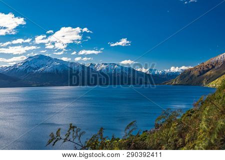 Aerial drone view of north side of Lake Wanaka at Makarora, South Island, New Zealand