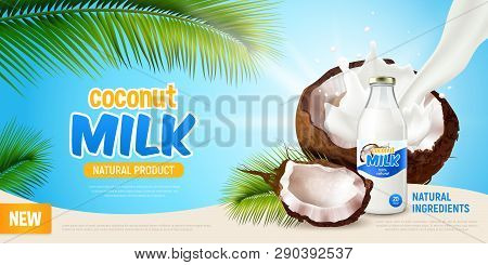 Coconut Milk Realistic Poster With Advertising Of Natural Product Green Leaves Of Palm Tree Cracked 