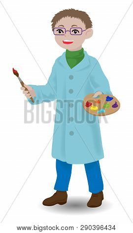Children Illustration With An Artist Boy. Kids And Proffessions Series. Vector Illustration