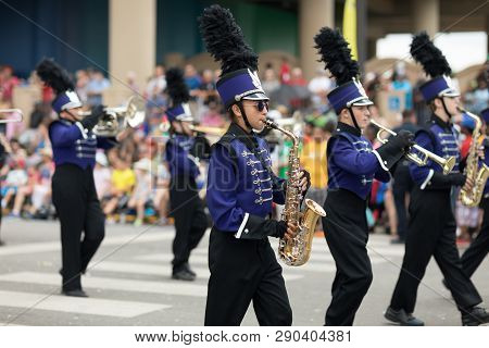 Indianapolis, Indiana, USA - May 26, 2018, The Pride Of Paoli Band performs at the Indy 500 Parade
