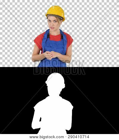 Construction Female Worket Explaining Her Ideas To Camera, Alpha Channel