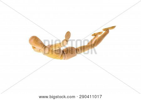 Wooden Doll When Flying - Isolated On A White Background
