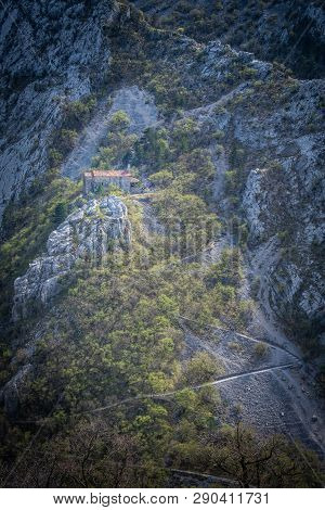 View To A Rock With Church Of Santa Maria In Siaris In National Park Rosandra In Italy, Europe