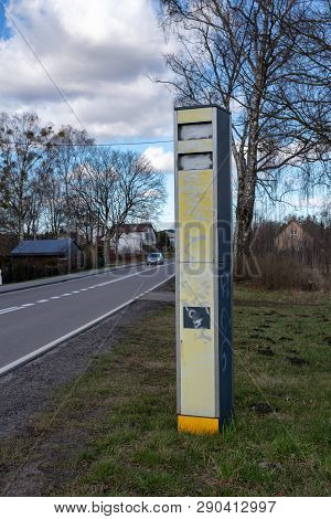 Kruszyna, Pomorskie / Poland - March, 19, 2019: Old Closed Safety Camera In Built-up Area. Velocity 