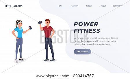 Website Template With Two Sports People With Dumbbells Vector Illustration. Man And Woman Working Ou