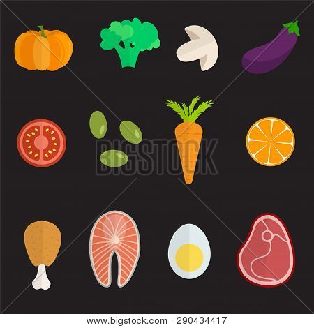 Set Of Flat Design Icons For Food And Drink. Healthy Food Concept. Ftuits, Vagatables And Proteins I
