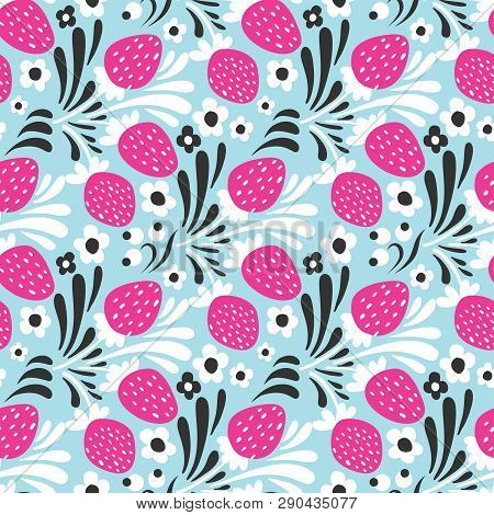Strawberry. Seamless Pattern. Vector Floral Texture With Pink Forest Berries On Blue Background.