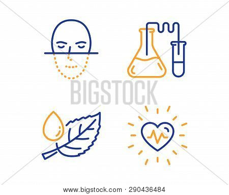 Leaf Dew, Chemistry Lab And Face Recognition Icons Simple Set. Heartbeat Sign. Water Drop, Medical L