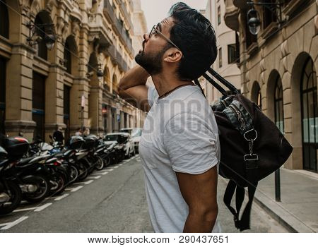 Traveler Male Discover A Big Europe City, Travel And Active Lifestyle Concept.bearded Tourist Man Wi