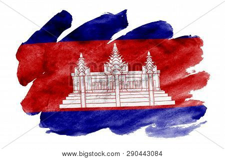 Cambodia Flag  Is Depicted In Liquid Watercolor Style Isolated On White Background