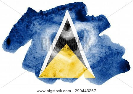 Saint Lucia Flag  Is Depicted In Liquid Watercolor Style Isolated On White Background