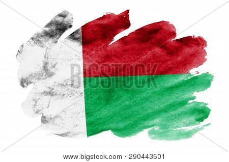 Madagascar Flag  Is Depicted In Liquid Watercolor Style Isolated On White Background