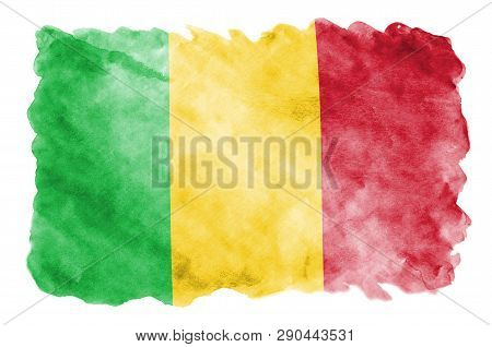 Mali Flag  Is Depicted In Liquid Watercolor Style Isolated On White Background