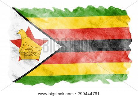 Zimbabwe Flag  Is Depicted In Liquid Watercolor Style Isolated On White Background