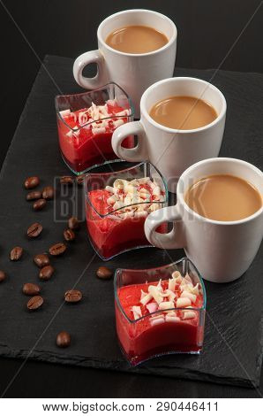 Mini Dessert And Coffee On Dark Background