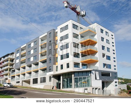 Gosford, New South Wales, Australia - March 20, 2019:  Building Progress, All Scaffolding And Blue S