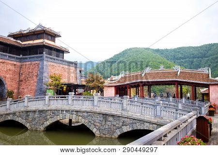 Antique Red Bridge Entrance In Ba Na Hills At Da Nang Looks Like Bridge In Hoi An, Vietnam