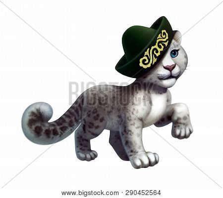 Isolated Digital Illustration Of Snow Leopard With Green Kazakh Traditiolan Hat