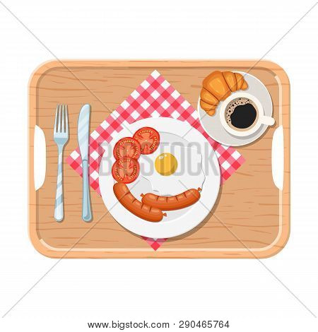 Wooden Tray. Breakfast Concept. Appetizing Delicious Breakfast Of Coffee, Fried Egg With Sausage, Cr