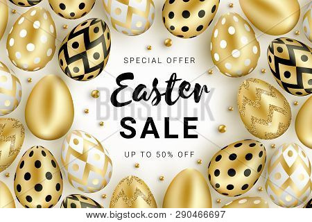 Easter Sale Banner Concept Decorated With Realistic Shine Golden Eggs And  Gold Beads Isolated On Wh