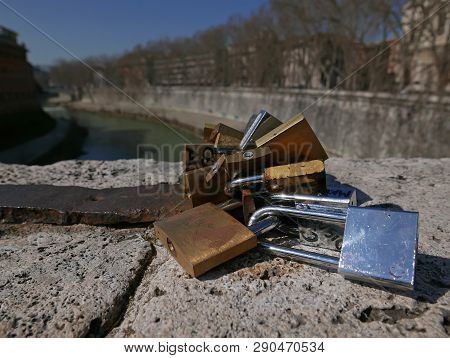 Padlocks On Fabricio Bridge In Rome, Italy