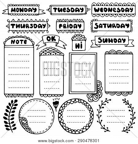 Bullet Journal Hand Drawn Vector Elements For Notebook, Diary And Planner. Doodle Frames Set Isolate