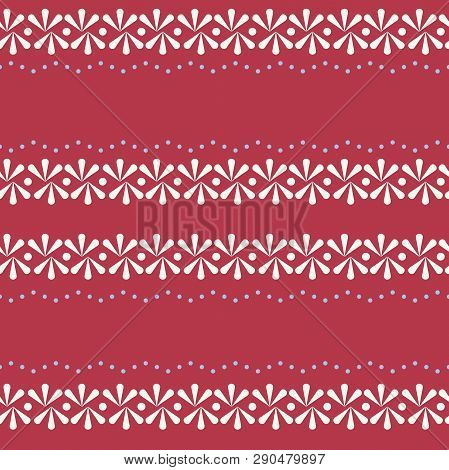Vector Folklore Floral Border On Red Seamless Pattern Background.