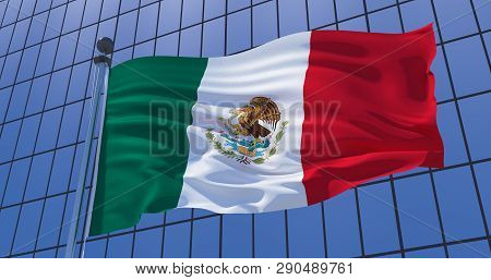 Mexican Flag On Skyscraper Building Background. 3d Illustration