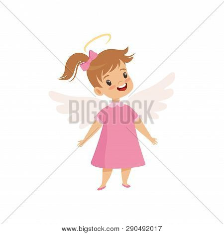 Little Winged Girl With Halo On Her Head Wearing Pink Dress, Cute Child With Good Manners Vector Ill