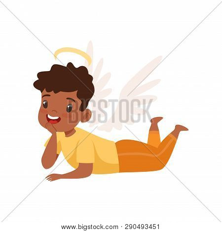 Little Winged African American Boy With Halo On His Head Lying On Floor Vector Illustration