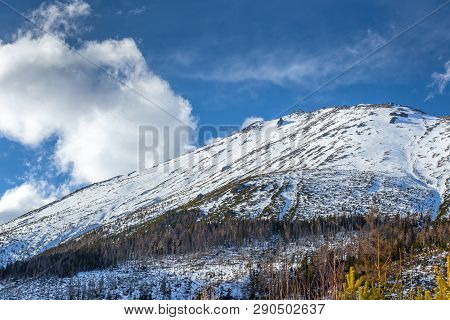 View Of The Landscape With Snowy Mountains In The Background. The Slavkovsky Stit - Peak In High Tat