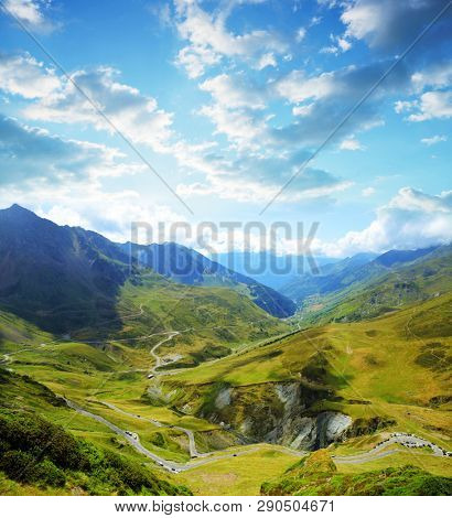 View of the mountain road. Col du Tourmalet in Pyrenees mountains. France