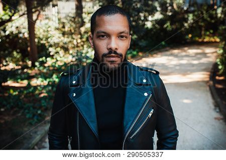 Confident Stylish African American Man Wearing Black Leather Jacket Outdoor. Street Wear Fashion Bla