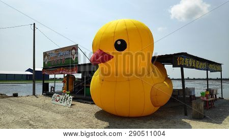 Sekinchan, Malaysia- Mar 15, 2019: Yellow Duck Placed Outside The Local Stall In Sekinchan, Malaysia