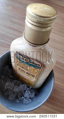 Sekinchan, Malaysia- Mar 15, 2019: Botthle Of Ice Coffee Sold By Cafe No. 16 In Sekinchan, Malaysia.