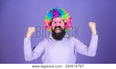 Feel Free To Express Yourself. Having Fun. Holiday Fun And Carnival Concept. Man Bearded Wear Colorf