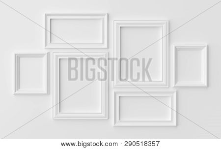 White Blank Photoframes On White Wall With Shadows, White Colorless Picture Frames Template Set, Pho