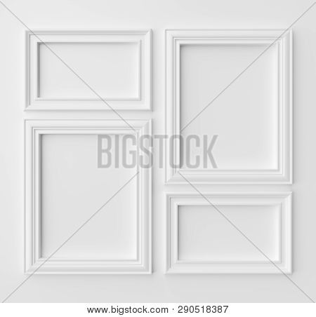 White Blank Frames For Photo On White Wall With Shadows, White Colorless Picture Frames Template Set