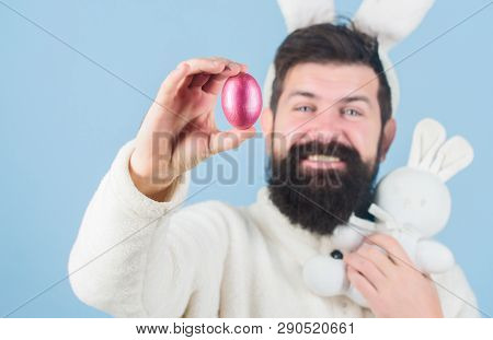 My Precious. Bearded Man Wear Silly Bunny Ears. Hipster Cute Bunny Long Ears Blue Background. Easter