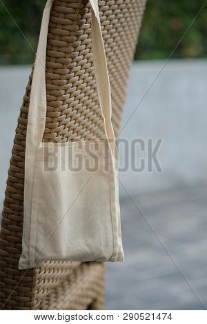 White Tote Canvas Fabric Eco Bag Cloth Shopping Sack. Zero Waste Use Less Plastic Say No Plastic Bag