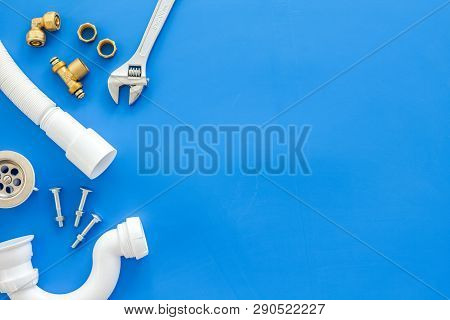Plumber Work With Instruments, Tools And Gear On Blue Background Top View Mock Up