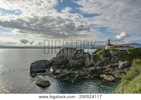 Santander, Spain; September , 2017:  View Of La Magdalena Peninsula Lighthouse, Santander Bay, Cultu