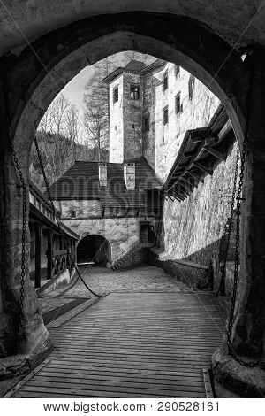 Drawbridge In Orava Castle, Slovakia. Black And White Photography