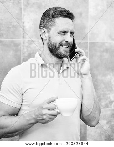 Man Drink Cappuccino Speak Phone Grey Wall Background. Coffee Can Be Endlessly Reimagined Make Somet