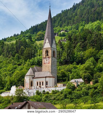 Summer View To Pfarrhaus Burgeis (the Maria Reception Church Or Maria Empfangniskirche), Italy. Buil