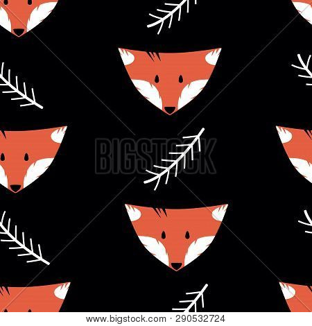 Seamless Pattern With Foxes And Twigs On A Black Background
