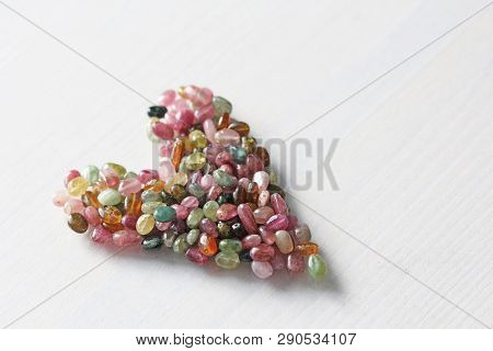 Heart. Beautiful Heart Made Of Natural Stone Tourmaline. Heart On A White Background. Greeting Card