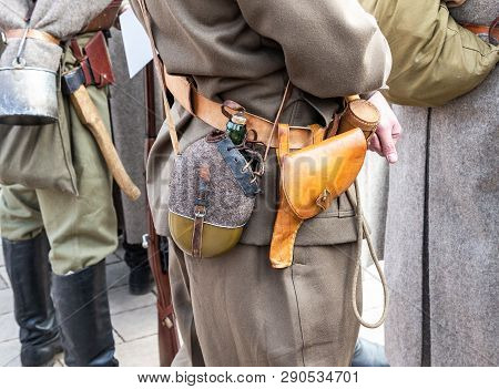 Vintage Leather Holster And Other Ammunition On The Belt. Retro Uniform Of Russian Army During Russi