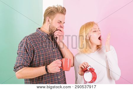 Too Early Awakening. Couple Sleep Not Enough Time. Family Drink Morning Coffee Yawning Faces. Hate M